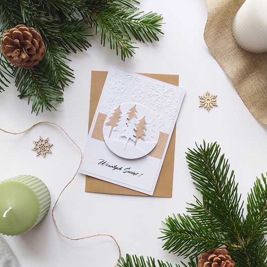 kartki świąteczne Kartka Świąteczna ze śniegiem i choinkami