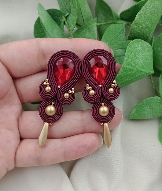 kolczyki soutache Kolczyki sutasz, kolczyki na wesele, bordowe złote sztyfty