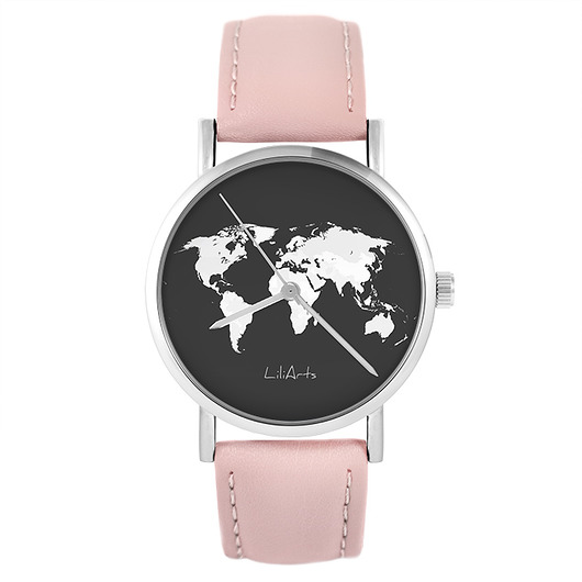 zegarki damskie Zegarek - Mapa świata - skóra, pudrowy róż