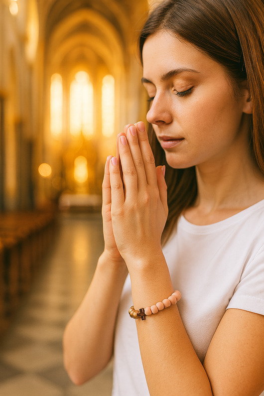 bransoletki drewniane Różowo złota bransoletka z krzyżykiem, różaniec na rękę, drewno