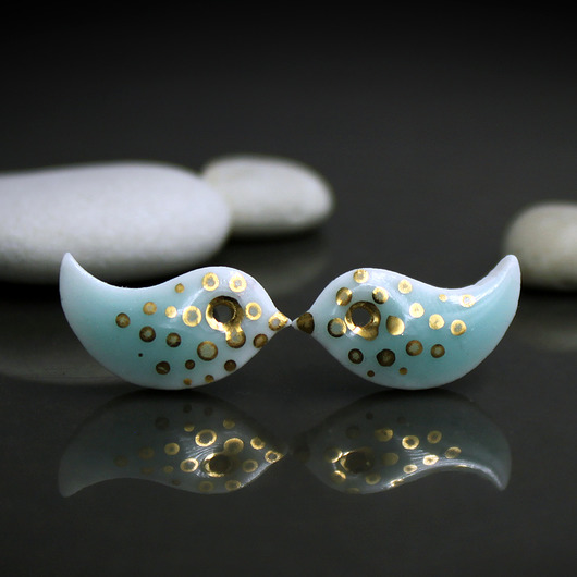 kolczyki ceramiczne Ptaszki Seladonowe/stal chirurgiczna/