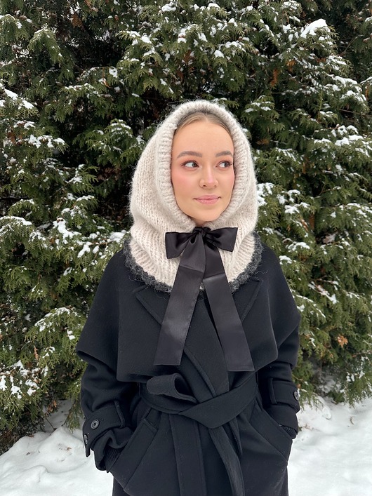 czapki damskie Balaclava Hoshi z kokardą wełna merino & baby alpaka  handmade