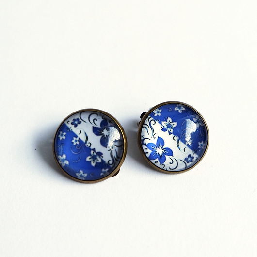 klipsy Klipsy - Niebieskie kwiaty - duże, brąz