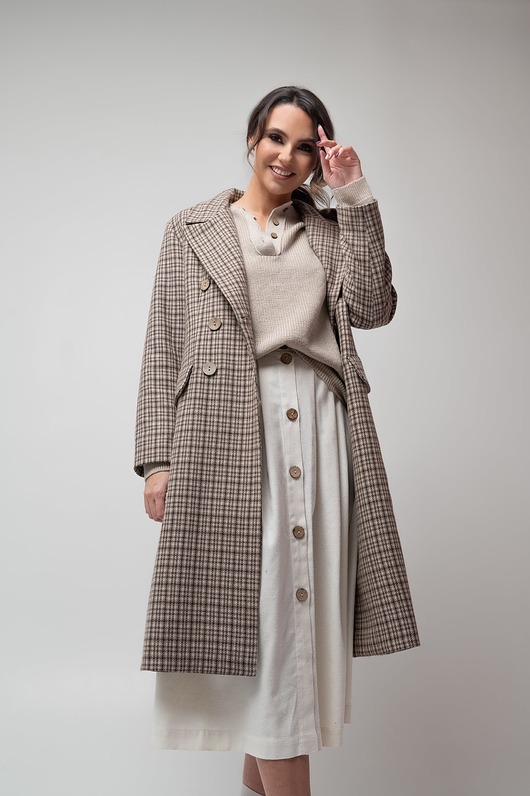 marynarki damskie Wełniany płaszcz w kratkę, SAND BROWN
