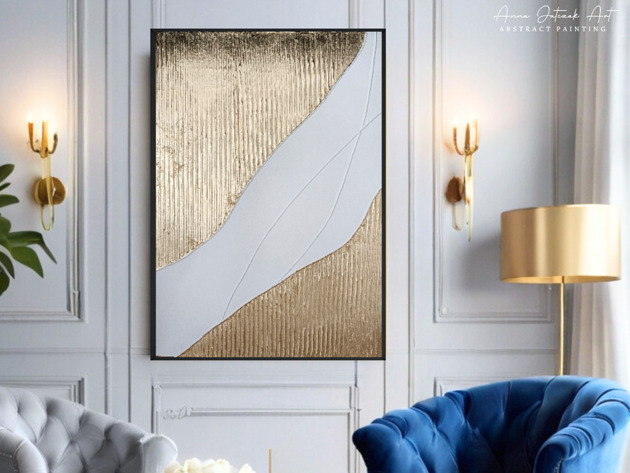 obrazy ZŁOTO Abstrakcyjny obraz strukturalny ze złotem, ręcznie malowany, 70x50 cm