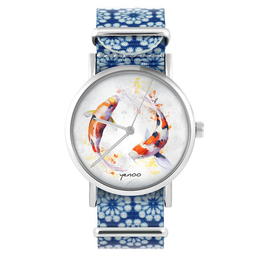 zegarki damskie Zegarek - Karpie Koi - niebieski, kwiaty