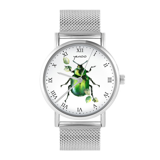 zegarki unisex Zegarek - Zielony żuczek - bransoleta mesh