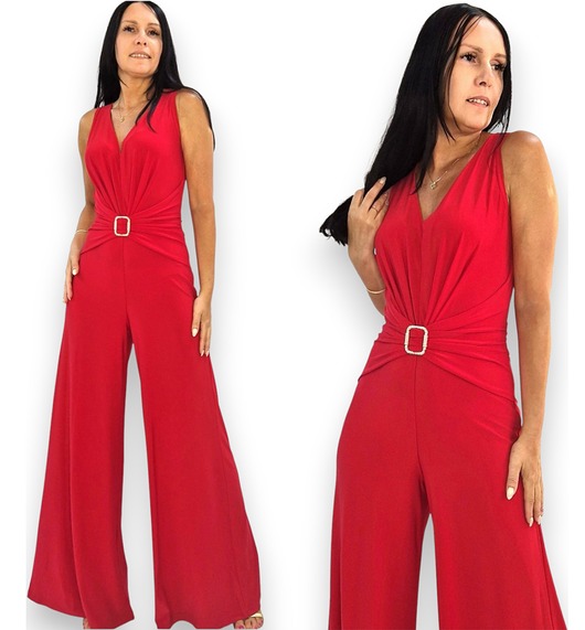 kombinezony damskie Elegancki Czerwony kombinezon z draperia szerokie nogawki