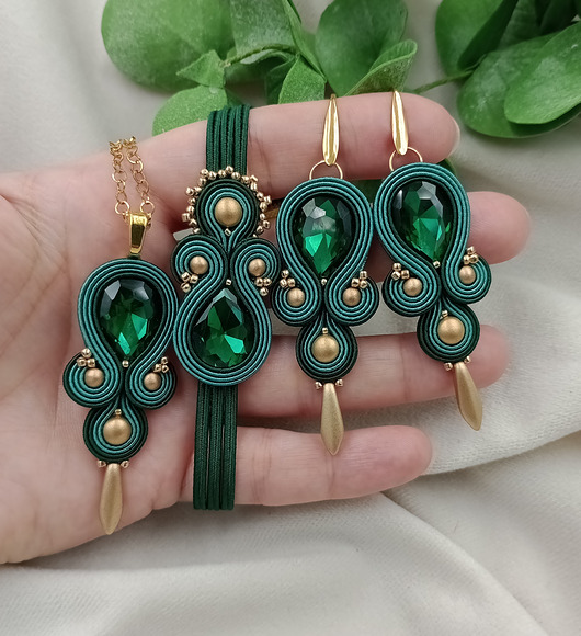 komplet biżuterii Szmaragdowa biżuteria sutasz, butelkowy komplet zestaw soutache