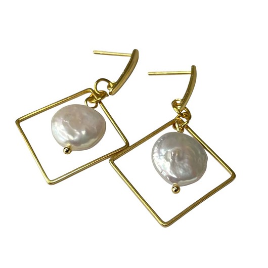 kolczyki pozłacane Złocone kolczyki z perłą w geometrycznej oprawie