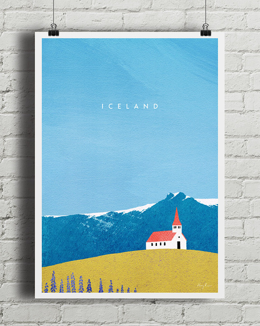 plakaty Plakat Islandia - kościół Reyniskirkja z czerwonym dachem