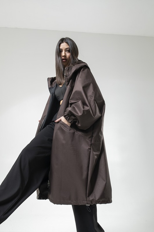 płaszcze damskie Ocieplany Płaszcz longline hoodie oversize praline