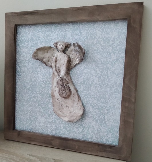 figurki i rzeźby Anioł w drewnianej ramce w stylu vintage