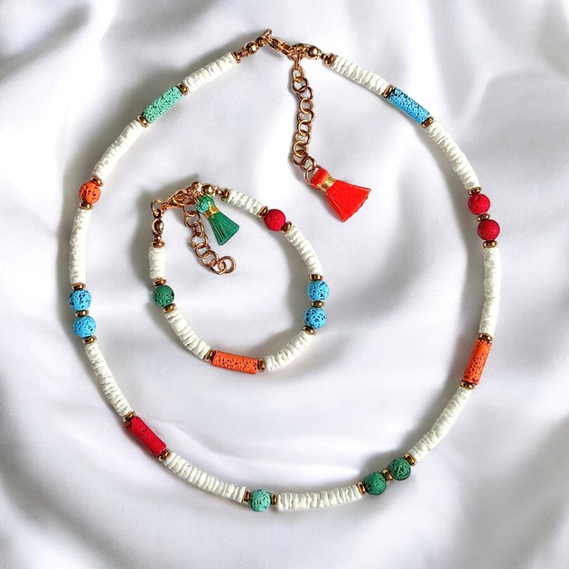 komplet biżuterii RAZEM TANIEJ! summer collection: naszyjnik i bransoletka : muszla biała i lawa