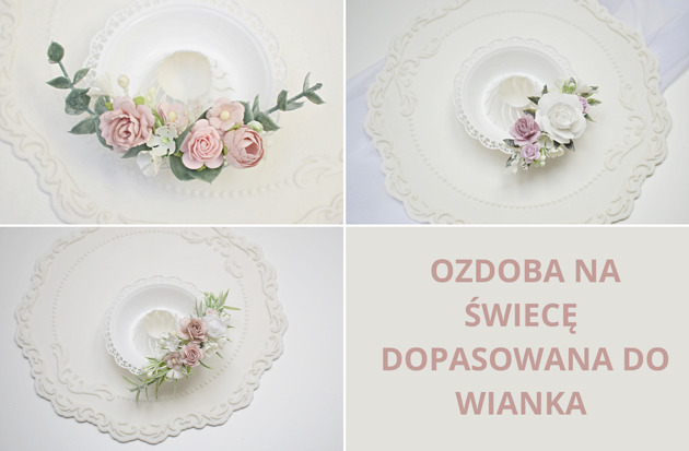 komunia - pozostałe Ozdoba z kwiatów na świecę komunia, biel, róż, zieleń
