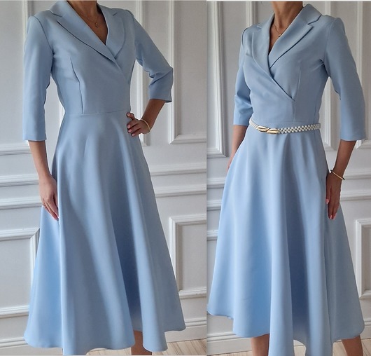 sukienki midi damskie Błękitna sukienka z kołnierzem 48