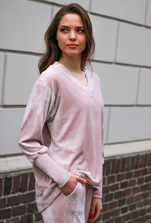 bluza bez kaptura damska Bluza welurowa,dresowa oversize pudrowy róż