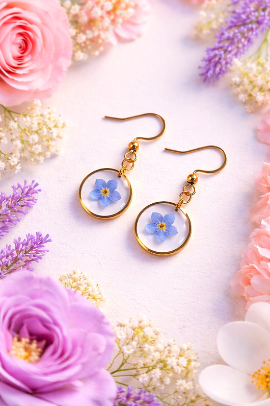 kolczyki z żywicy Wiszące kolczyki z niezapominajką idealne na prezent