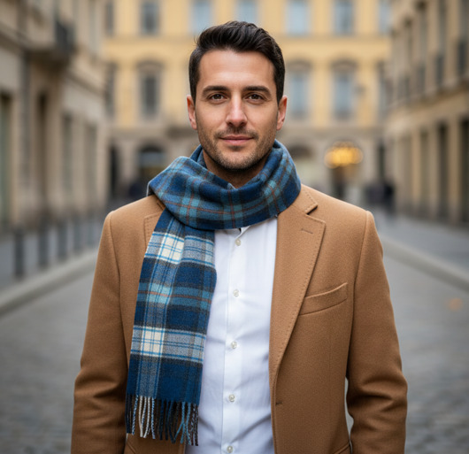 tuby i kominy Szalik Męski  Niebieski Kratka Wełna