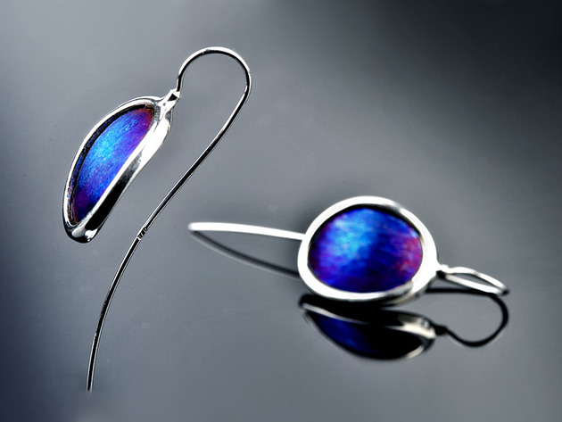 kolczyki wire wrapping Fioletowe kolczyki ze srebra i tytanu