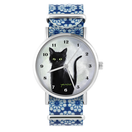 zegarki damskie Zegarek - Czarny  kot , cyfry - niebieski, kwiaty