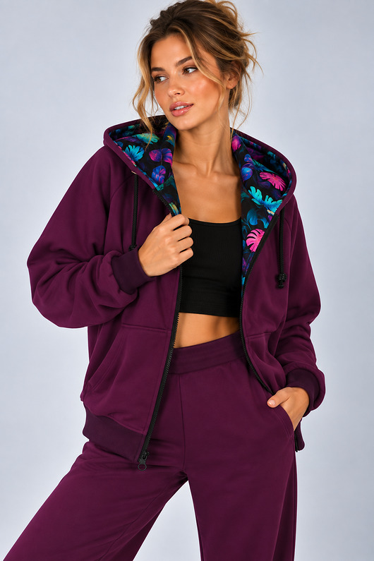 bluza z kapturem damska Bluza Na Zamek ,,SUZANA" Śliwka/Print