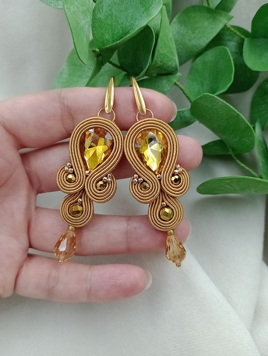 kolczyki soutache Miodowe musztardowe złote kolczyki sutasz, kolczyki na wesele
