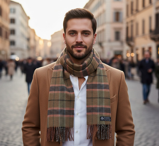 tuby i kominy Szalik Męski Brązowy Zielony  Kratka Wełna