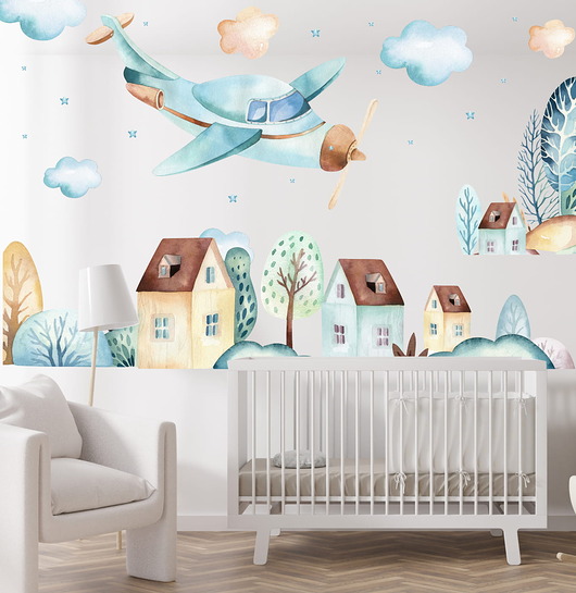 naklejki ścienne do pokoju dziecka Miasto z samolotem 