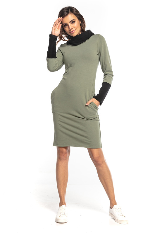 sukienki mini damskie Sukienka mini z kominem i kieszeniami,  T360, khaki + czarny