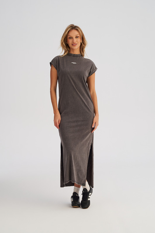 sukienki midi damskie T-shirtowa sukienka maxi z efektem sprania grafitowa