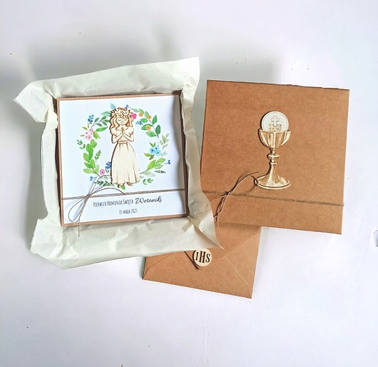 kartki na komunię PREMIUM : kartka w pudełku + torebka handmade :wianek : dziewczynka
