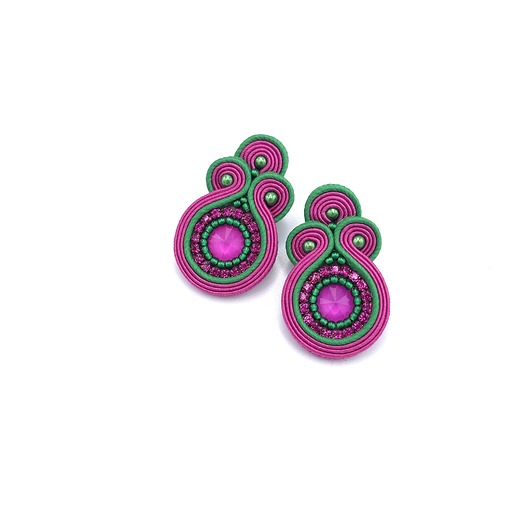 kolczyki soutache Kolczyki sutasz sztyfty małe zielono różowe z kryształkami Gracia
