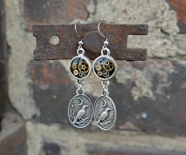 kolczyki z żywicy Kolczyki steampunk z krukami #5
