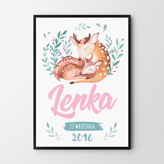 obrazy i plakaty do pokoju dziecięcego Metryczka z sarenkami - plakat