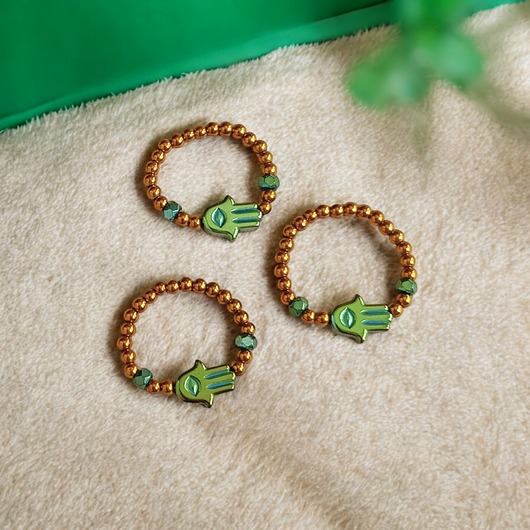 pierścionki elastyczne Hamsa - talizman chroniący od zła - pierścionek - hematyt emerald