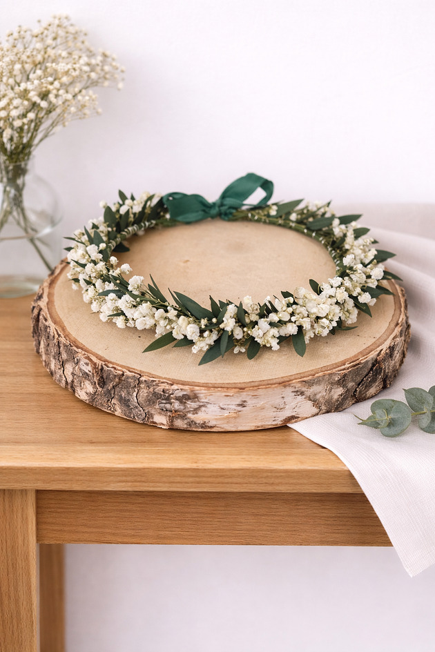 wianki komunijne Wianek na głowę eukaliptus i gipsówki