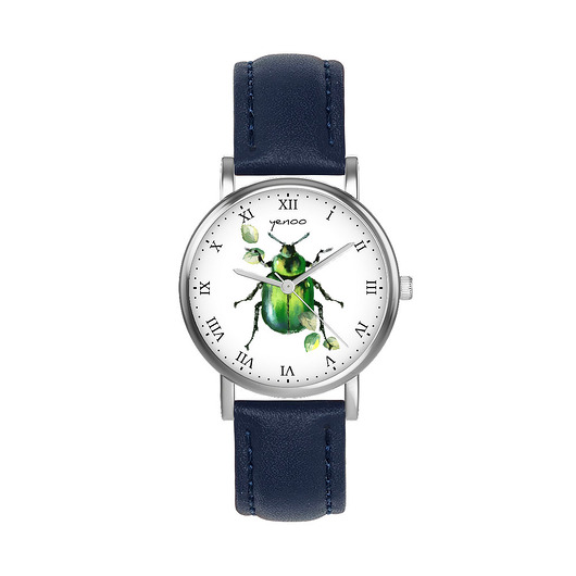 zegarki unisex Zegarek  mały - Zielony żuczek - skórzany, granatowy