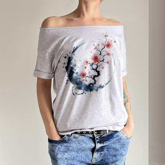 t-shirt damskie Sakura niebieskie koło szary Oversize