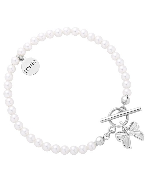 bransoletki srebrne Srebrna bransoletka z białych pereł SWAROVSKI CRYSTAL z kokardką