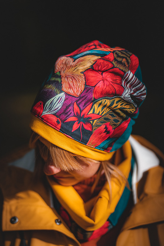 czapki damskie Komplet damski na jesień w kolorze petrol i musztardy KWIATY LASU