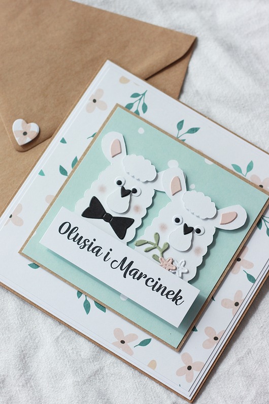 kartki scrapbooking Kartka ślubna z zakochanymi lamami