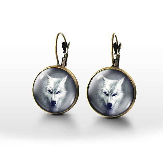 kolczyki szklane Kolczyki - Biały wilk - brąz