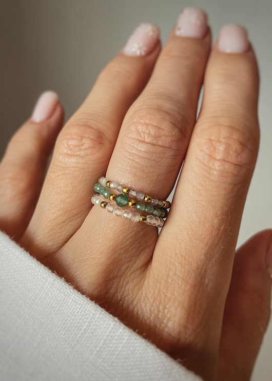 pierścionki elastyczne Zestaw Trzech Pierścionków z Labradorytu, Kryształu Górskiego i Awenturynu