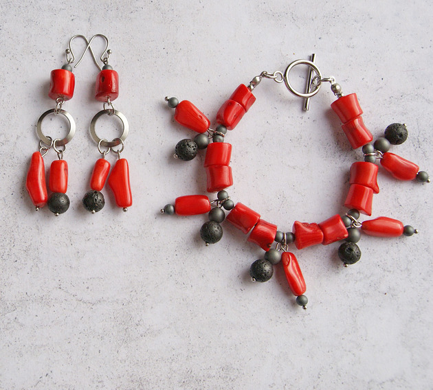 komplet biżuterii S A L E : UNIKATOWY komplet : koral czerwony