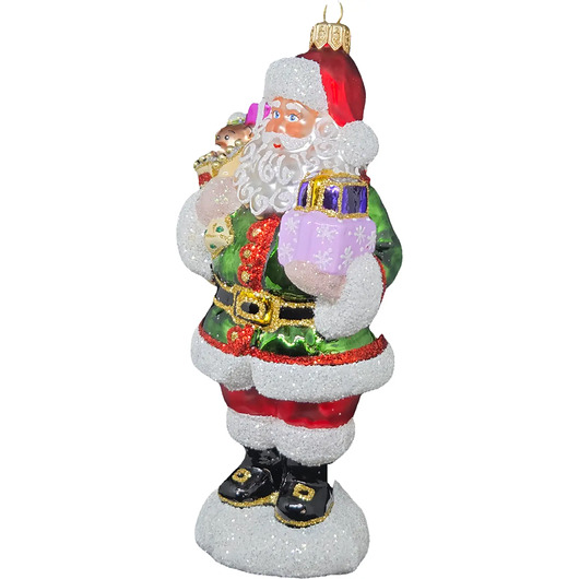 bombki Ręcznie malowana bombka szklana Mikołaj w zielonym stroju z workiem prezentów