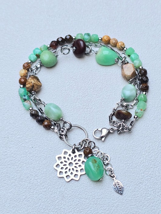 bransoletki z kamieni naturalnych 3 Rzędowa Bransoletka z Mandalą Chryzopraz w Brązach