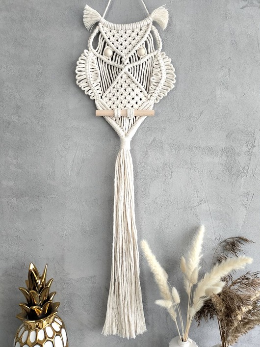 makramy Duża Sowa Makrama z Długim Ogonem Elegancka Dekoracja Boho 80 cm