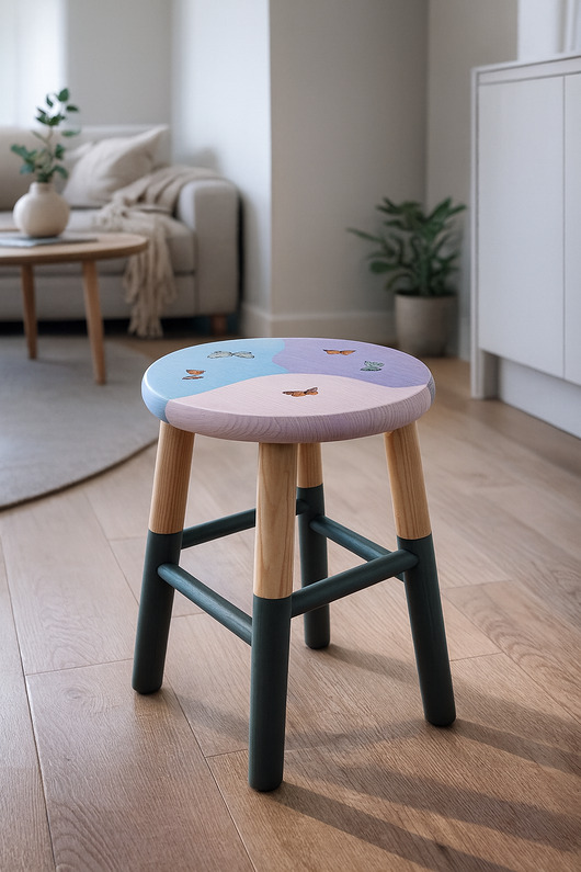 stołki Drewniany taboret w stylu pastel vintage - wyjątkowa ozdoba mieszkania