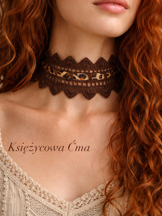 chokery Czekoladowy brązowy koronkowy choker szydełkowy z pazurem